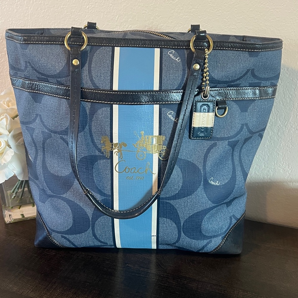 Coach Navy and Black Stripe Tote